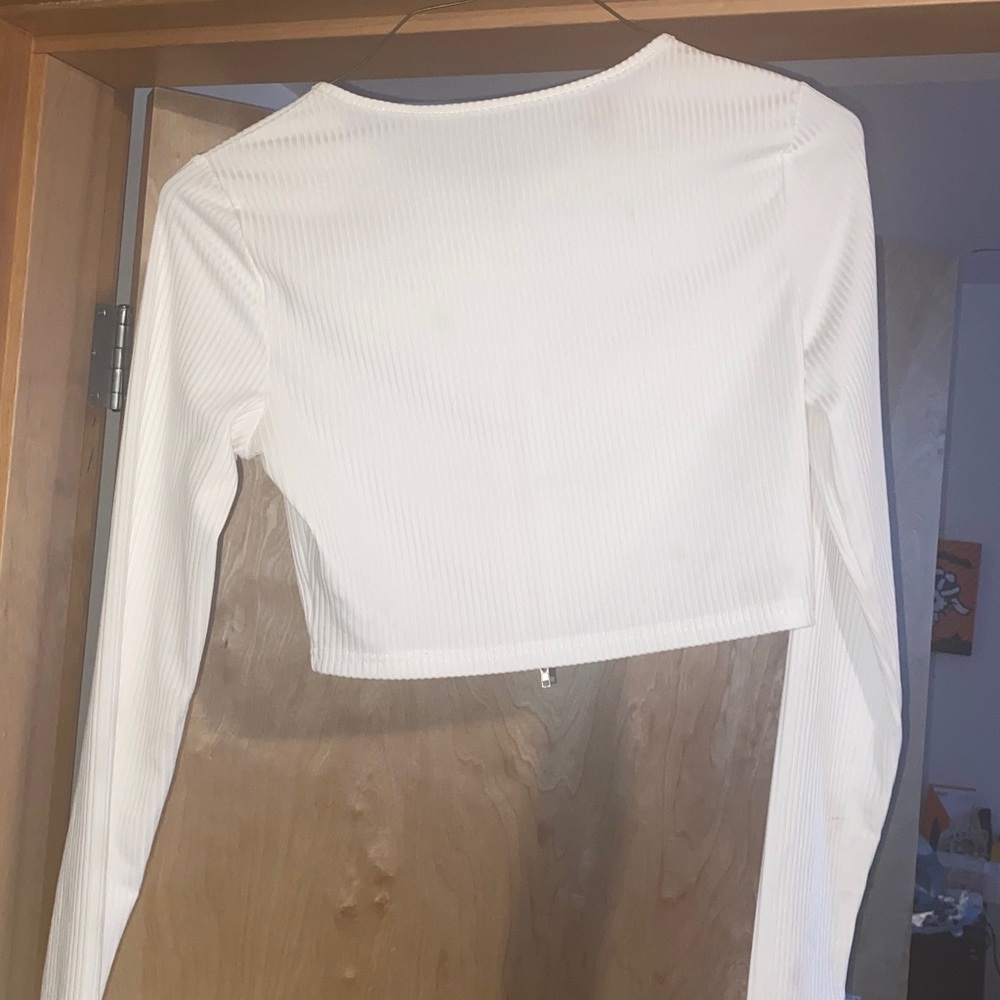 White Ribbed Zip-Up Crop Top - Picture 5 of 5